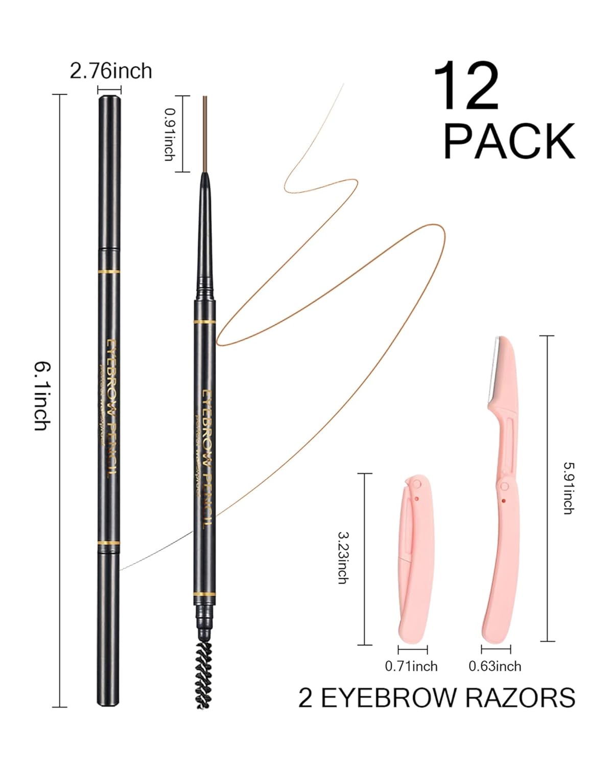 Medium Brown Eyebrow Pencils for Women, 12Pcs Ultra Slim Eyebrow Pencil with 2 Brow Razors Kit