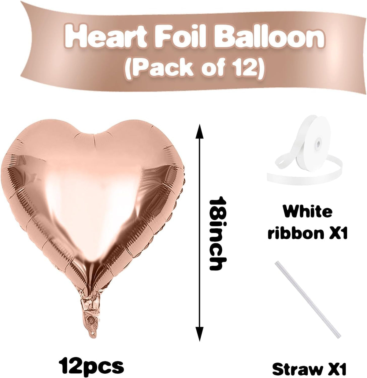 Rose Gold Heart Balloons,12Pcs 18 Inch Rose Gold Aluminum Love Heart Shaped Balloons for Bridal