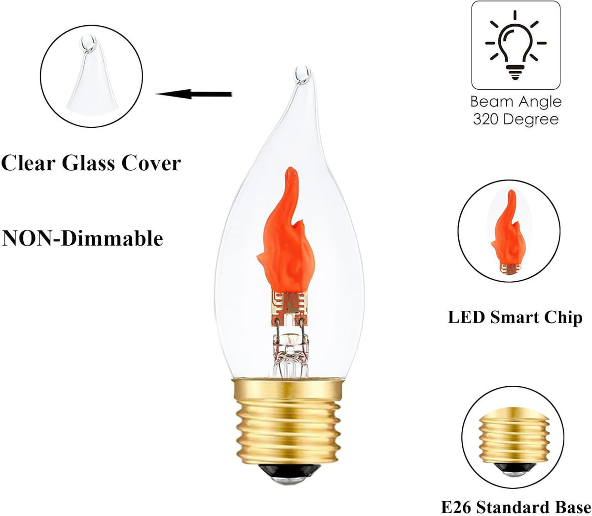 Flickering Light Bulbs E26 Flame Bulb, LED Fire Effect Flickering Small Flame Candle Light Bulbs