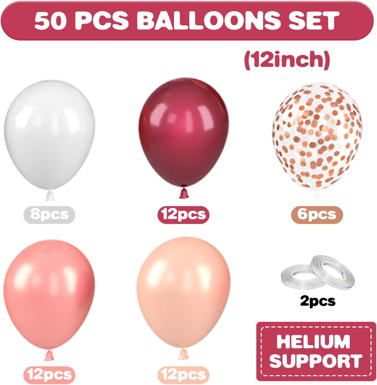 Burgundy Balloons, 12 Inch Maroon Balloons, Wine Red White Pearl Metallic Rose Gold Confetti