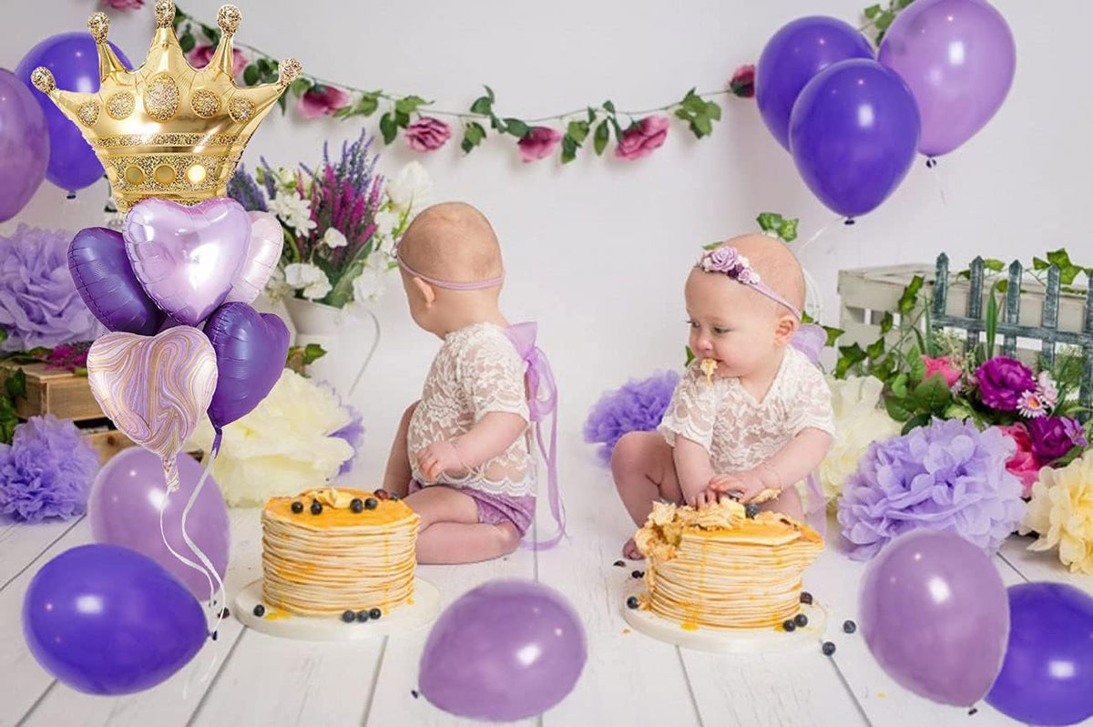 Purple Balloons Birthday Decorations，Gold Crown Princess Foil Balloons Set for Girls Women Party