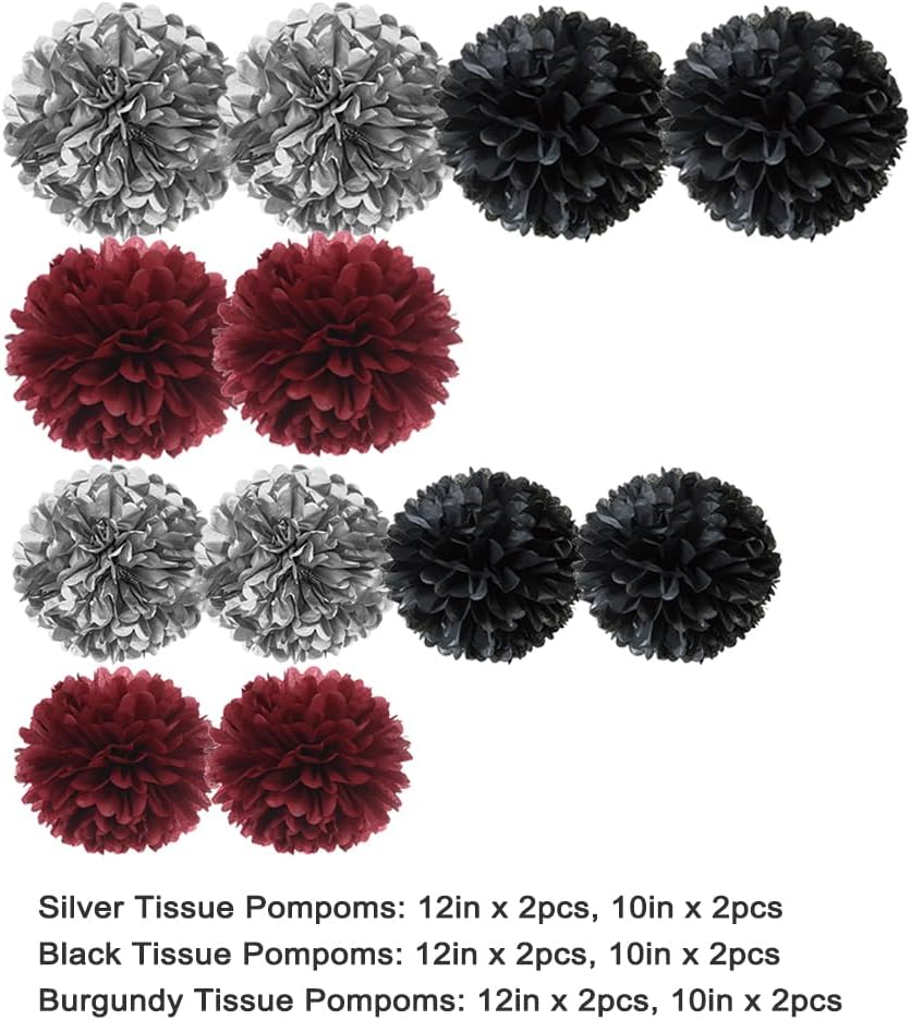 Burgundy Silver Black Tissue Paper Pom Poms Flower for Birthday Wedding Graduation Retirement Party