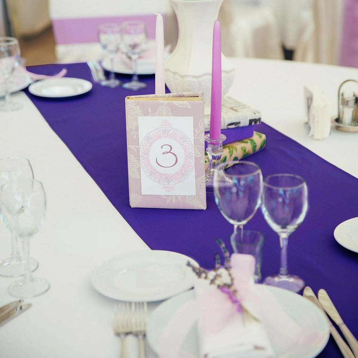 10 Pack Satin Table Runner 12 x 108 Inch Long Purple Silk Table Runner for Wedding Party Banquet