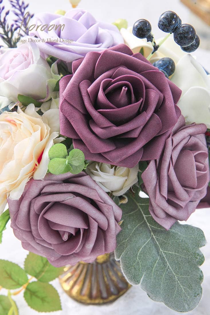 Floroom Artificial Flowers 25pcs Real Looking Plum Foam Fake Roses with Stems for DIY Wedding