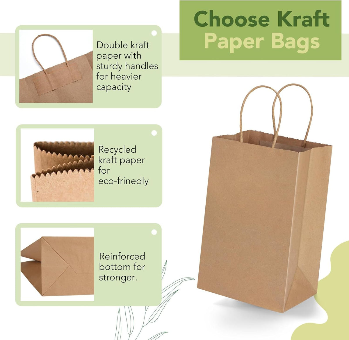 MESHA Kraft Gift Bags 200 Pack 5.25x3.75x8 Inch Small Brown Paper Bags with Handles Bulk for Small
