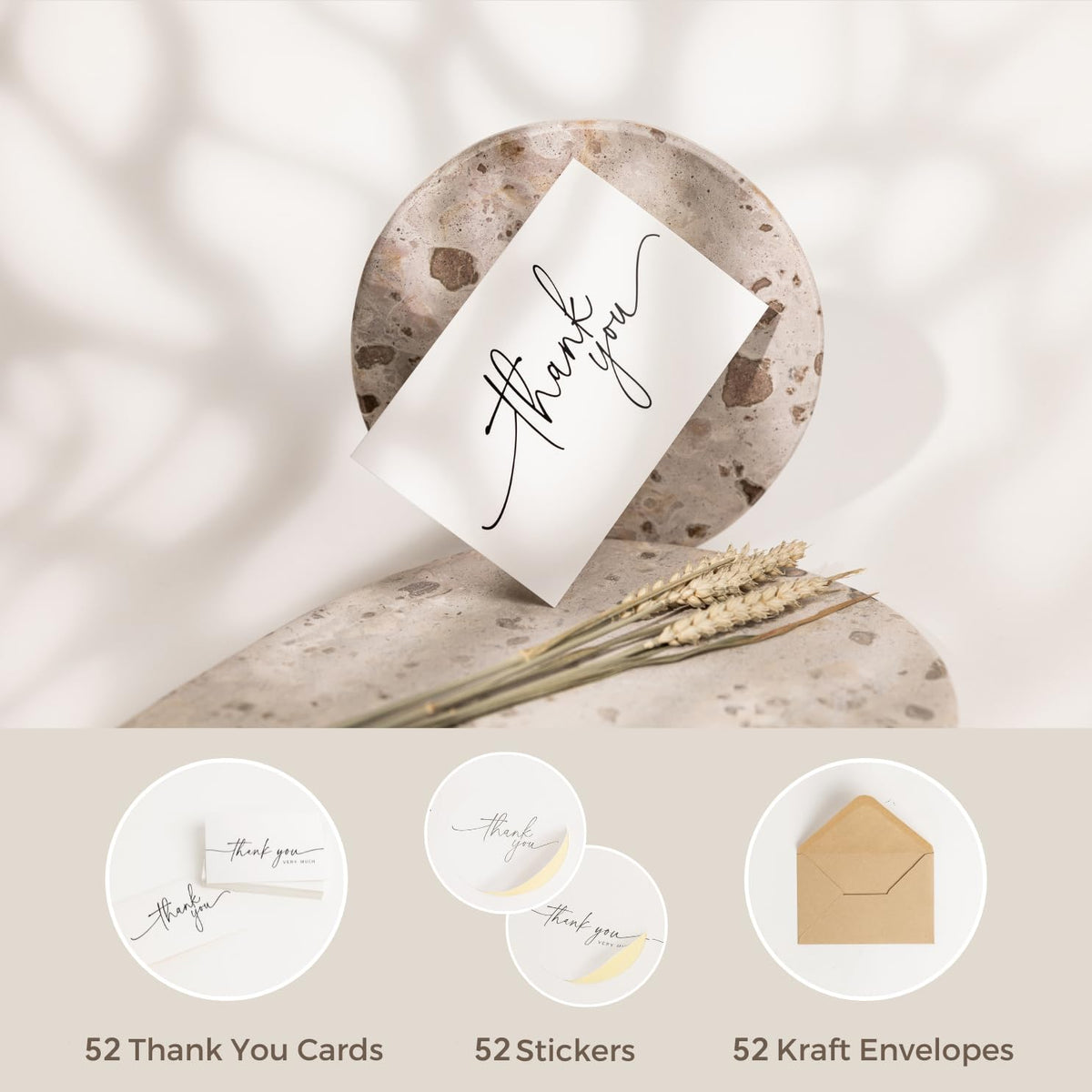 SPIRITDUST 52-pack Thank You Cards Bulk with Kraft Envelopes & Matching Stickers, 3.5x5 Inches