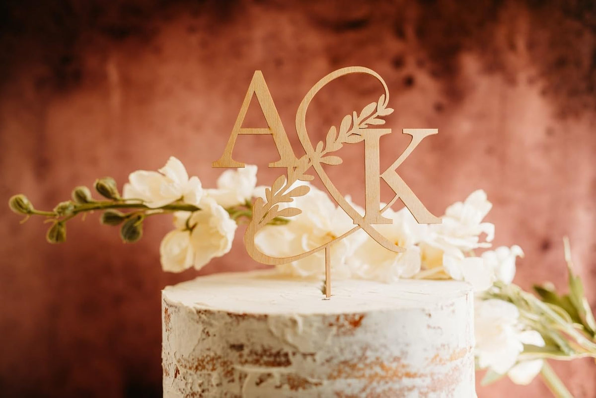 Custom Initials Wedding Personalized Acrylic and Wood Cake Topper, Modern Ampersand, Cake Topper