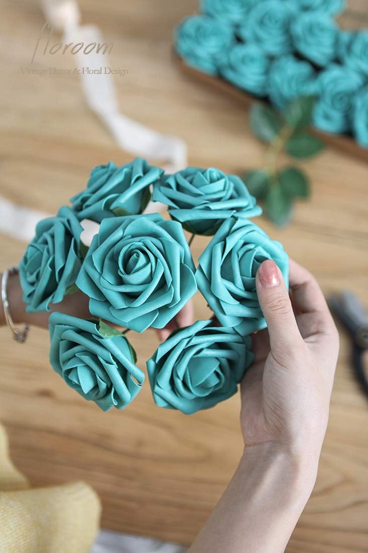 Floroom Artificial Flowers 50pcs Real Looking Teal Green Foam Fake Roses with Stems for DIY Wedding