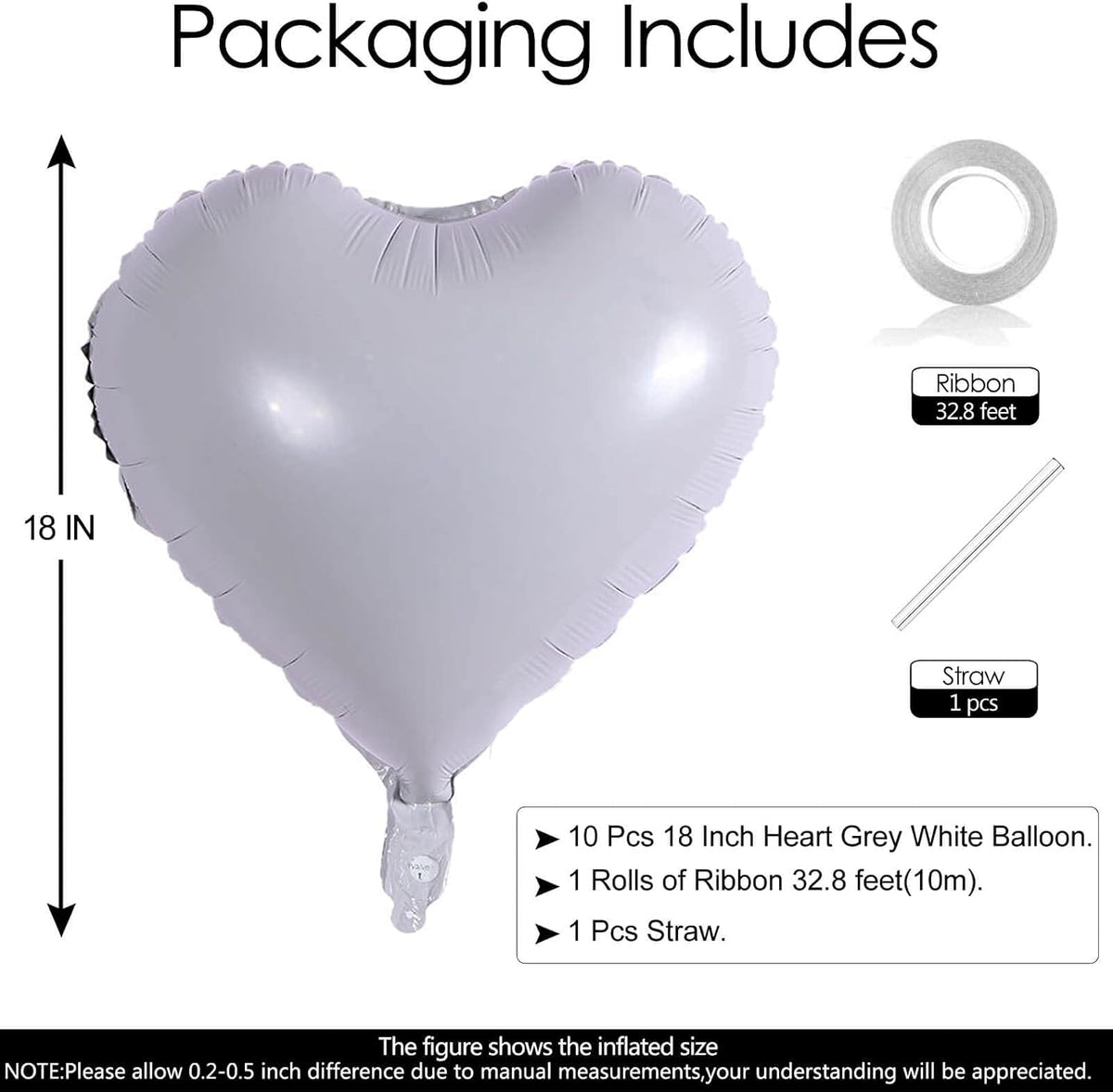 10Pcs Grey White Foil Heart Shaped Balloons 18 Inch Mylar for Baby Shower, Wedding, Valentine