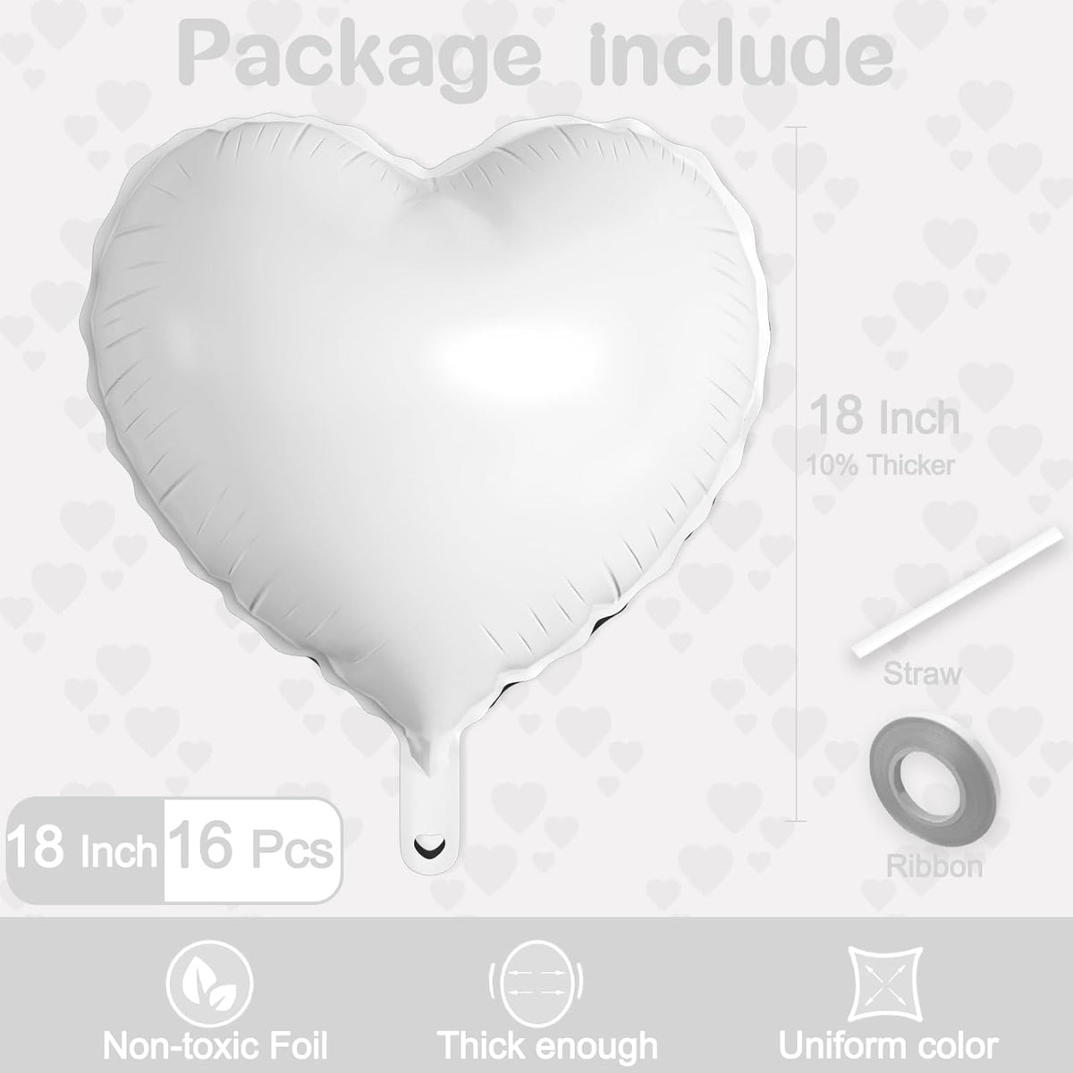 16 Pcs Heart Balloons, 18 Inch White Love Heart Shaped Foil Balloons for Wedding Anniversary