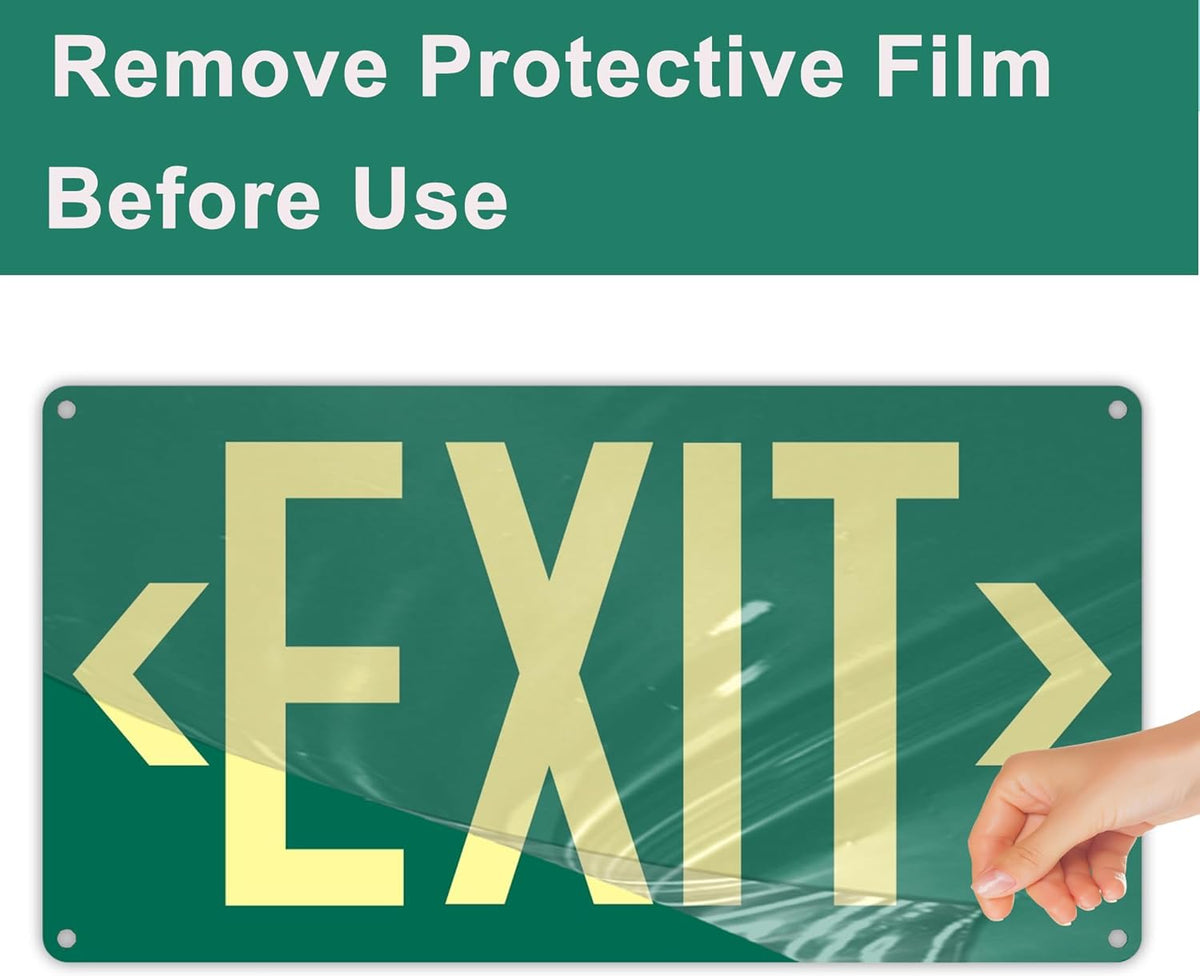 1Pack Photoluminescent Exit Sign Green - Aluminum -14.25"x 7.5" Glow In The Dark Adhesive Backing