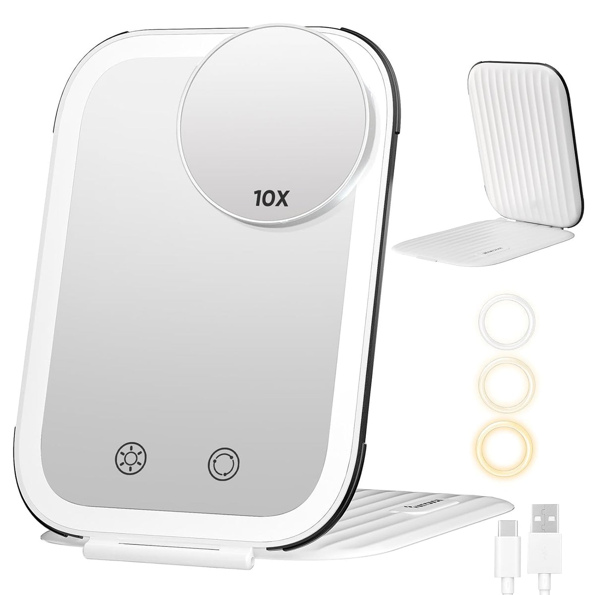 FUNTOUCH Rechargeable Travel Makeup Mirror with Lights and Small 10X Magnification,Light up