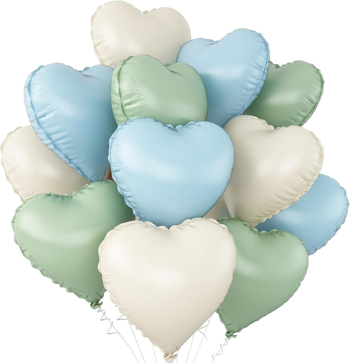 Blue Green White Heart Balloons,12Pcs 18Inch Cream White Baby Blue Sage Green Heart Shaped Foil