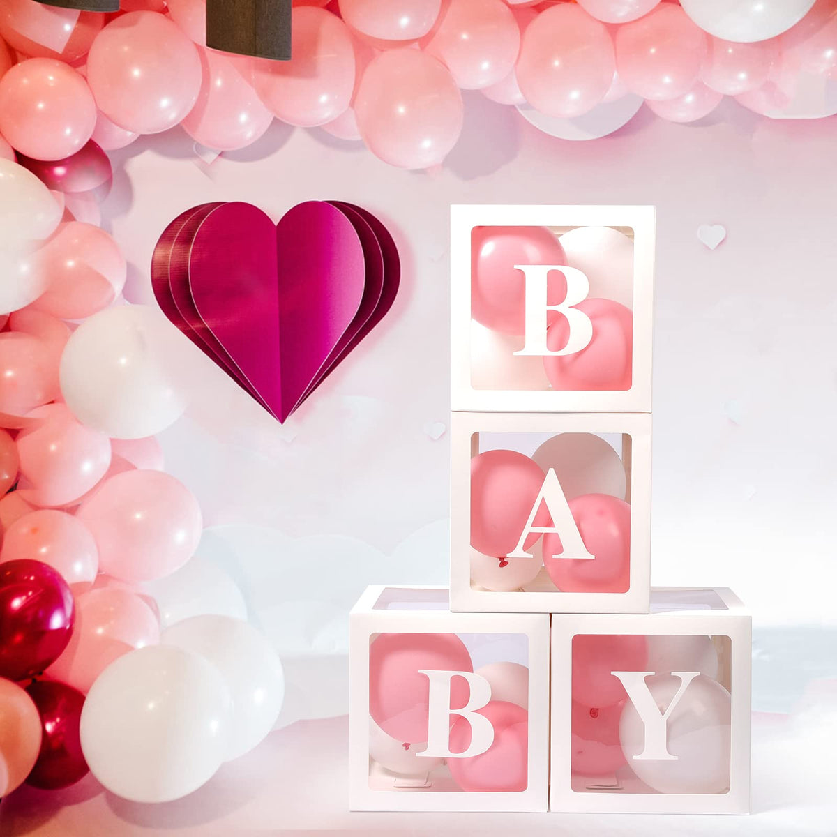 Voircoloria Baby Boxes with Letters, 4 Transparent Balloon for Gender Reveal Birthday Wedding Baby