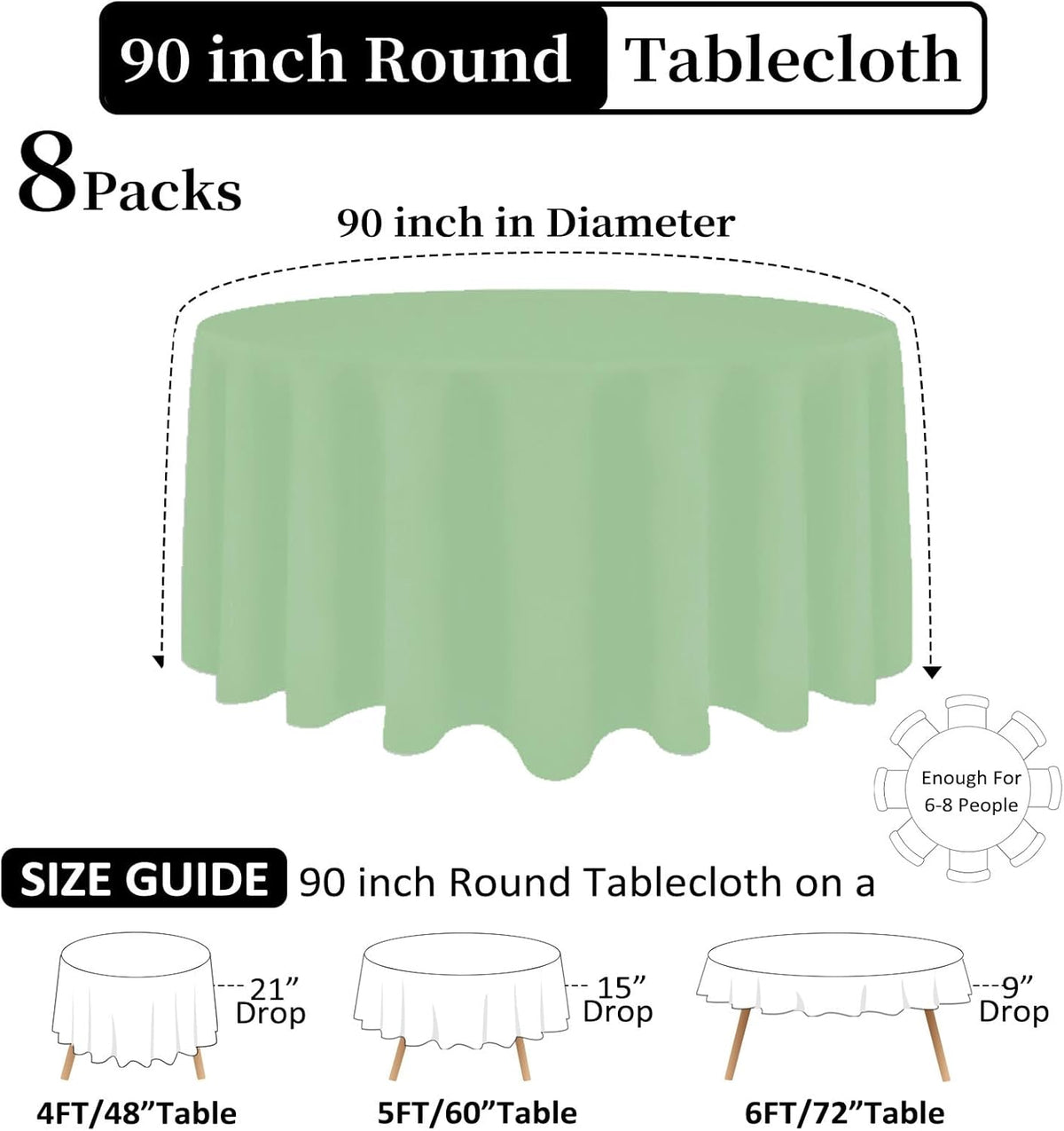 8 Pack Sage Green Round Tablecloth 90 Inch Stain and Wrinkle Resistant Round Sage Green Table Cloth