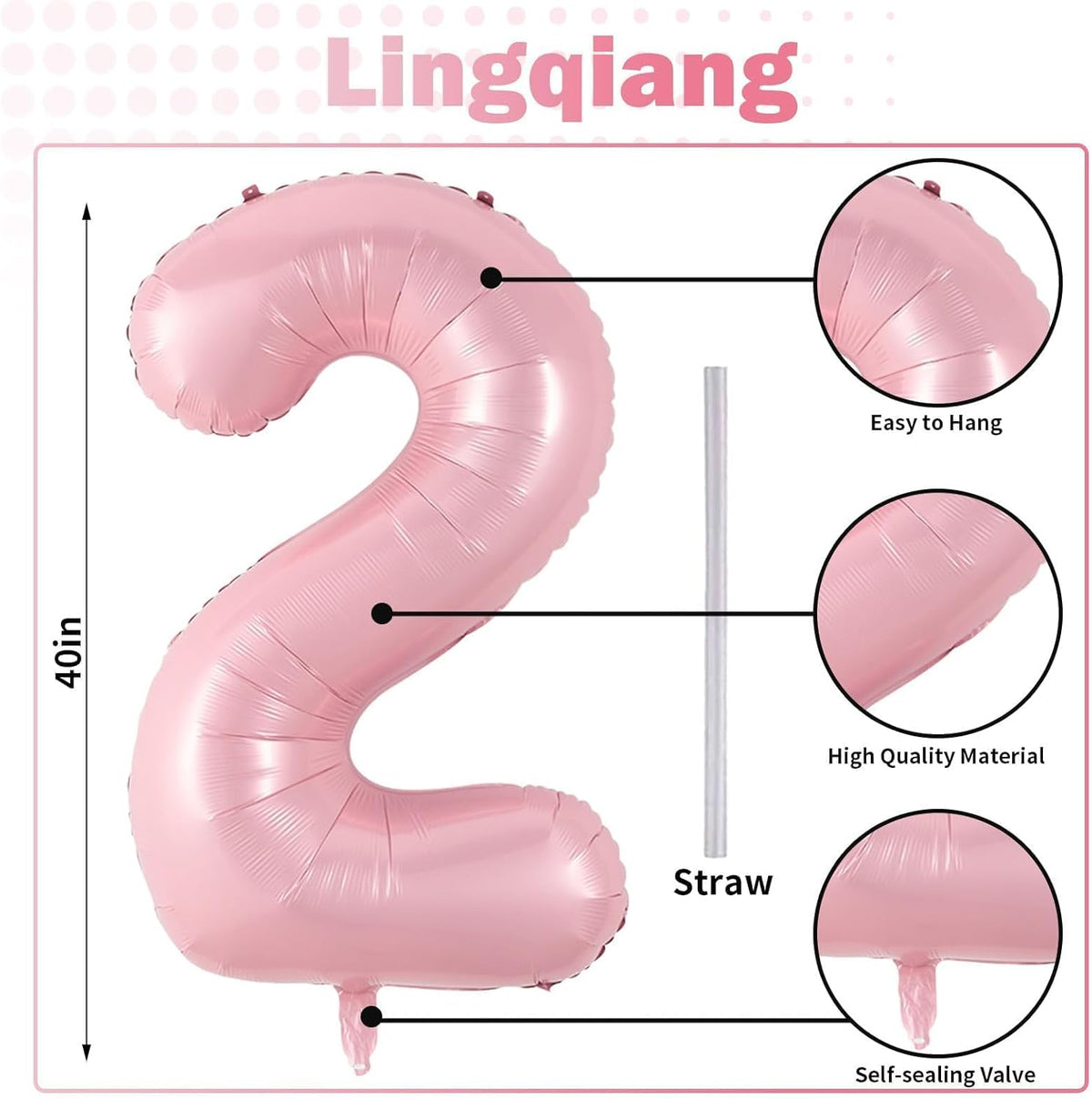 40 Inch Balloon Number 2 Pastel Pink, Large Foil Light Pink Number Balloons Set 0-9 for Girls