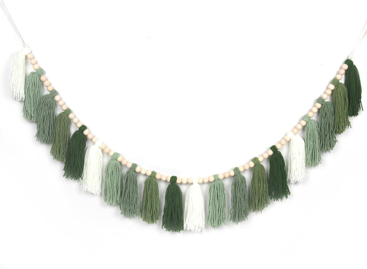 Green Boho Yarn Tassel Garland Sage Green Garland Wall Hanging Decor Forest Woodland Tassel Banner
