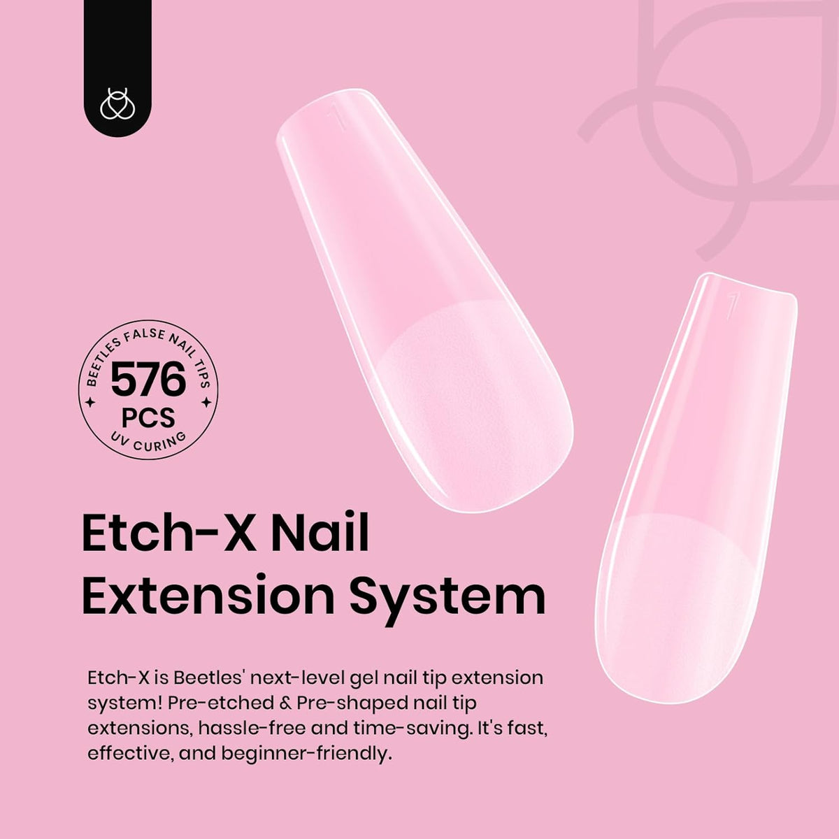 Beetles Gel Nail Tips Medium Coffin 576PCS Etch X Nail Tips, 12 Sizes Pre Shaped Half Matte Press