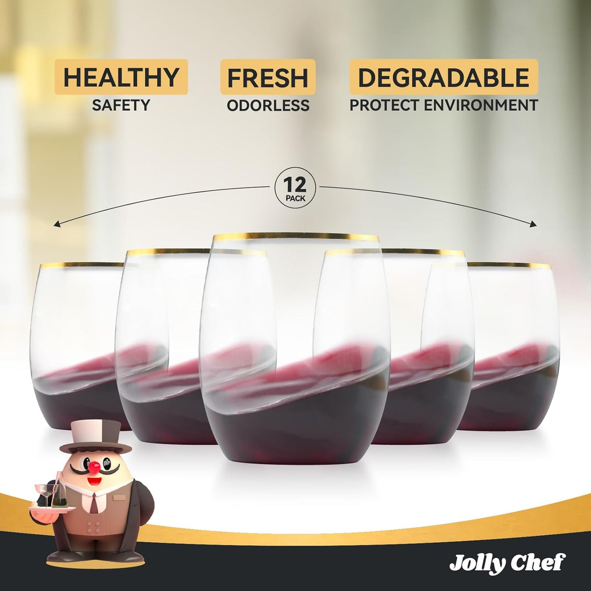 JOLLY CHEF 12 Pack 12oz Gold Plastic Wine Glasses Stemless, Gold Disposable Wine Cups, Premium