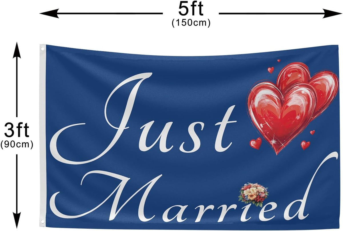 Just Married Flag Banner Outdoor Indoor Decoration Flag 3x5 FT Double Stitched Polyester with Brass