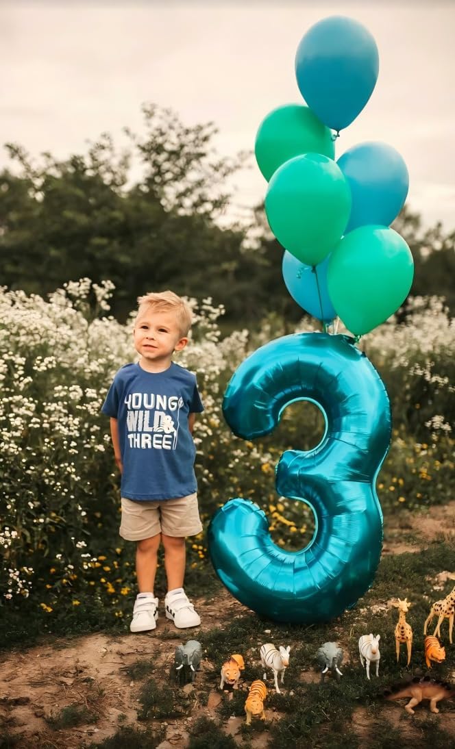 40 Inch Blue 3 Large Number Balloon, 3 13 23 30 33 36 Blue Birthday Party Decorations, Number Three