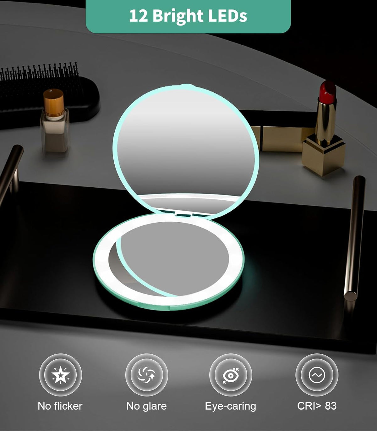 WOBSION LED Lighted Travel Makeup Mirror, 1x/10x Magnification, Compact, Portable for Handbag
