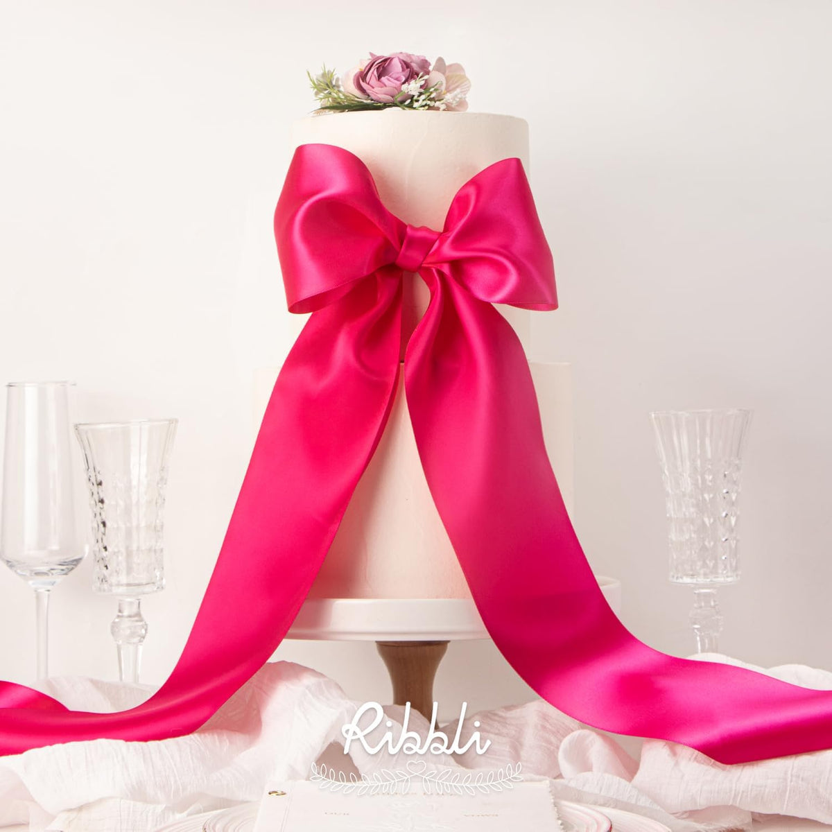 Ribbli Fuchsia Satin Ribbon 4 Inch Wide Shocking Pink Ribbon for Wedding Chair Sash Grand Opening