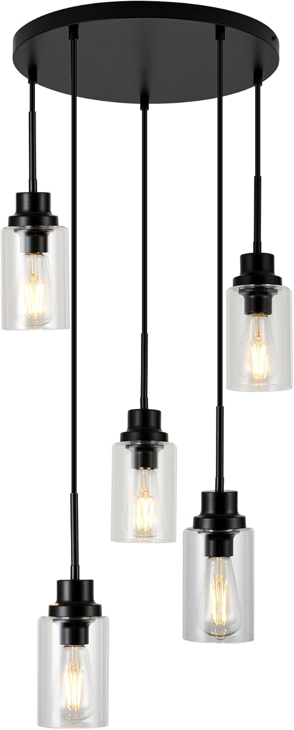 5-Light Kitchen Island Dimmable Pendant Lights with Clear Glass Shade, Black Finish for Dinning