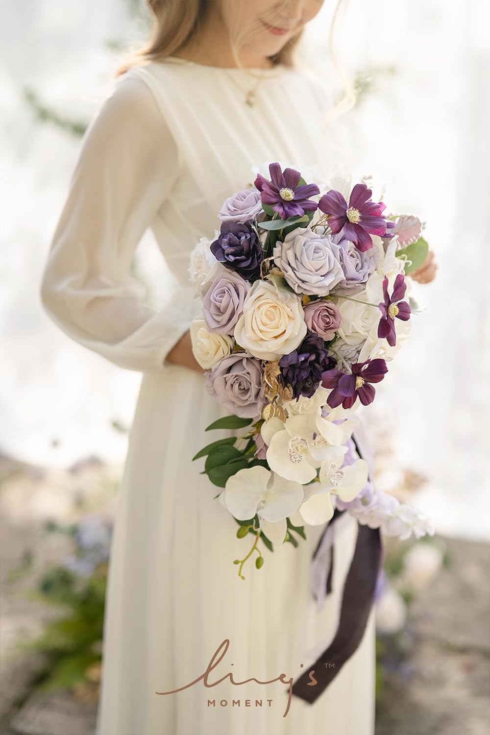 Ling's Moment Purple Bridal Bouquet Cascading, Lilac Wedding Bouquets for Bride, 13 Inch Lavender