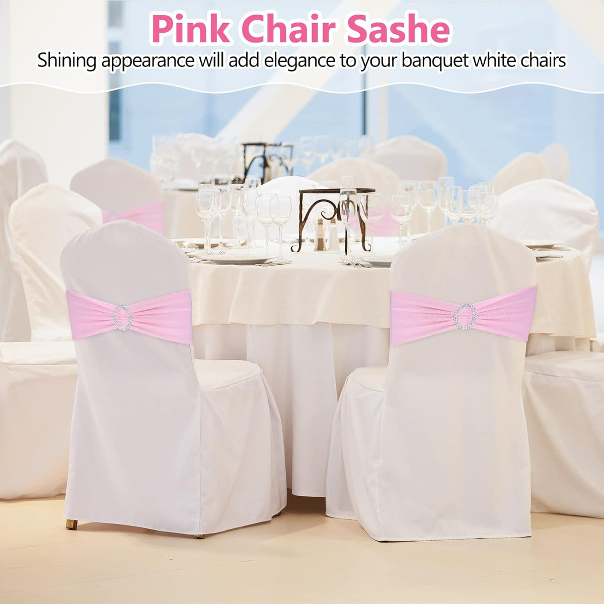 CHENGU 150 Pieces Spandex Stretch Chair Sashes Bows Elastic Chair Cover Bands Ties with Buckle