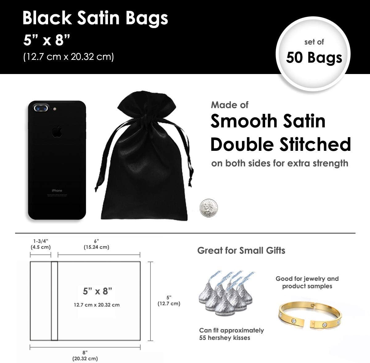 5" x 8" Black Satin Gift Bags, Jewelry Bags, Wedding Favor Drawstring Bags Baby Shower Christmas 50