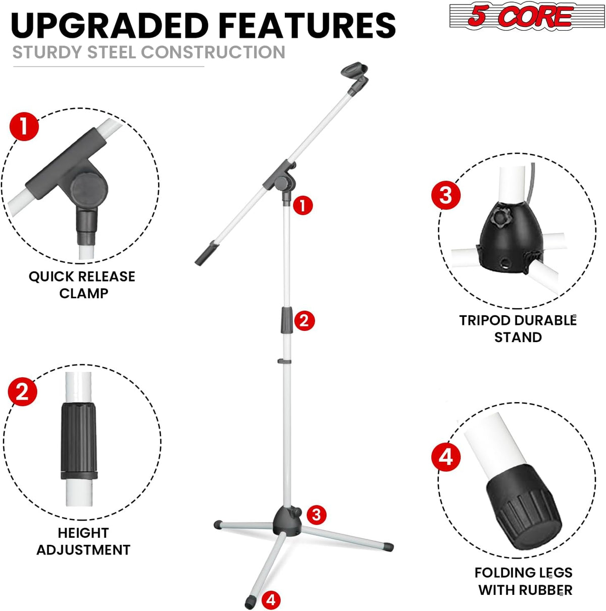 5 Core Tripod Mic Stand Floor Adjustable 18 to 72 Inches Sturdy Boom Arm Holder Microphone Stands