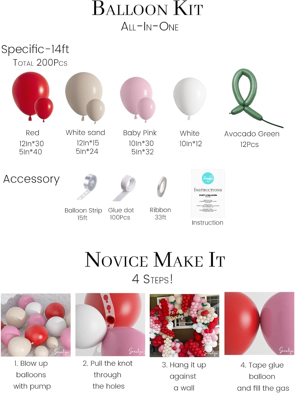 Soonlyn Cherry Balloons Arch kit 200Pcs 12In Cherry Birthday Decorations Red Pink White Balloons
