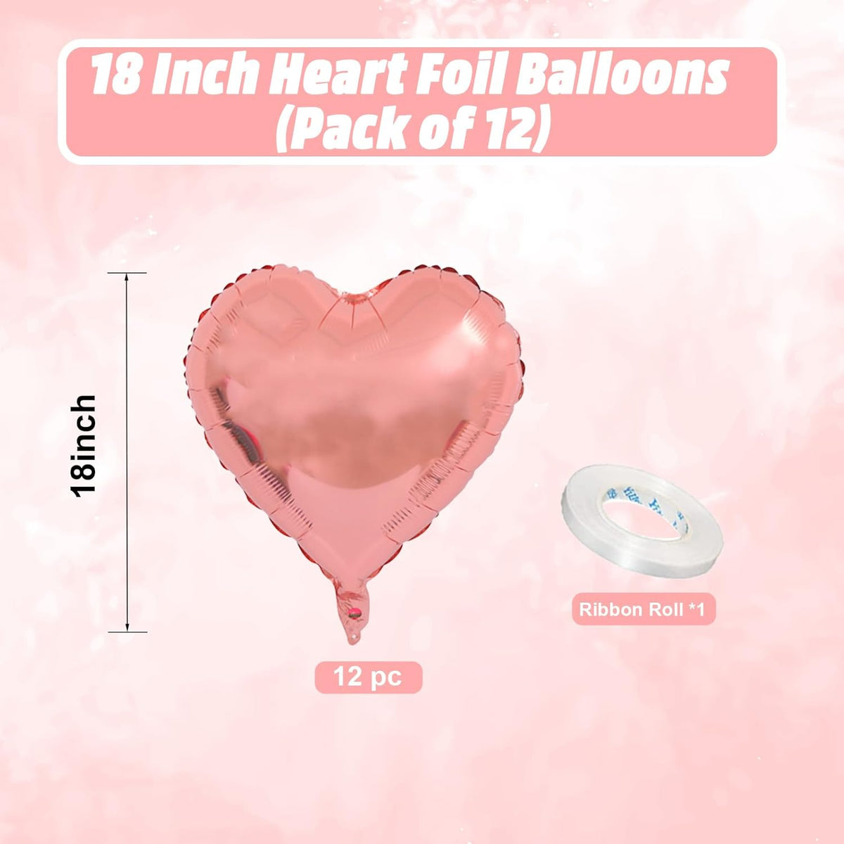 Pink Heart Balloons, 18 Inch Pink Heart Shape Balloon, 12PCS Heart Foil Helium Romantic Balloons