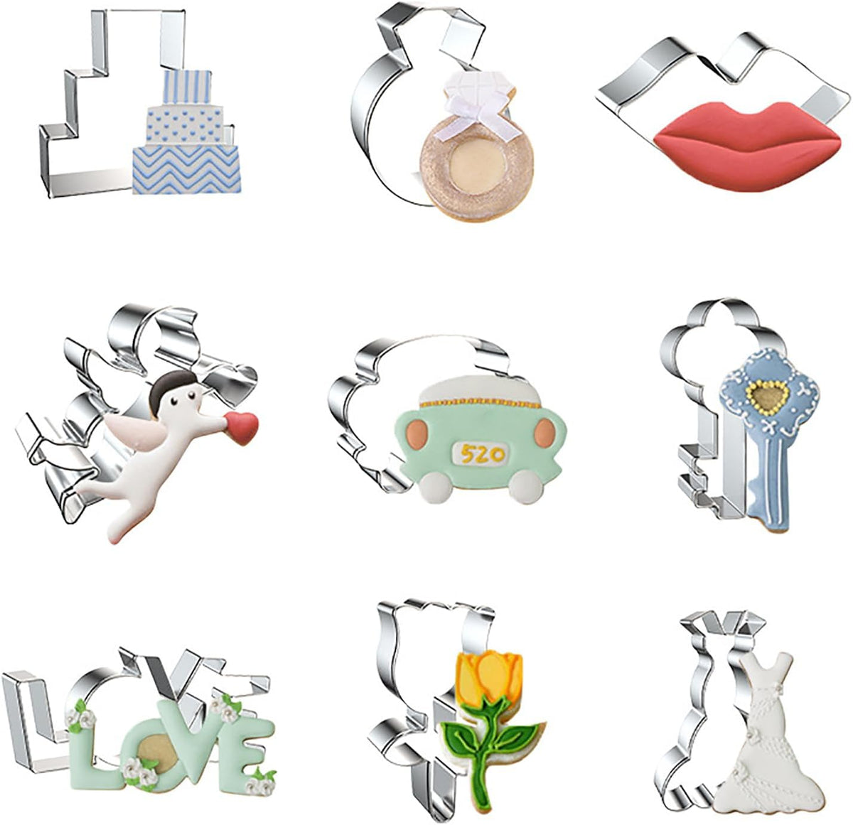 Wedding Cookie Cutters 9-Pc Set - Wedding Cake Diamond Ring Lips Cupid Wedding Car Key Love Rose