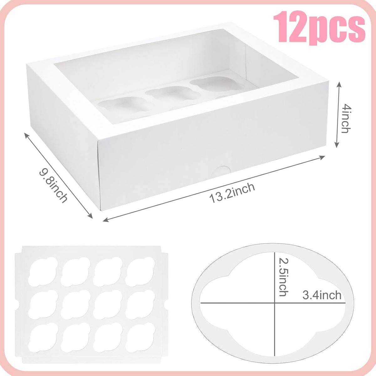 VGOODALL 12 Count Cupcake Boxes, 12PCS Cupcake Holder with Window White Pastry Boxes for Birthday