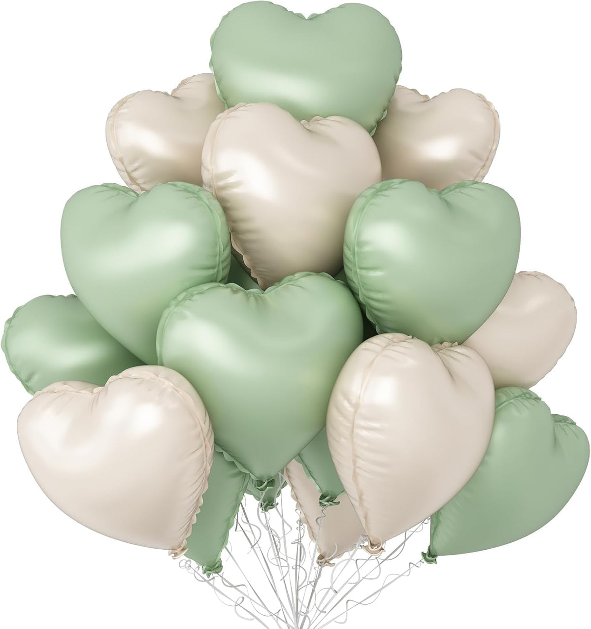 Sage Green White Heart Balloons,12Pcs 18 Inch Oliver Green Cream Foil Love Heart Shaped Balloons