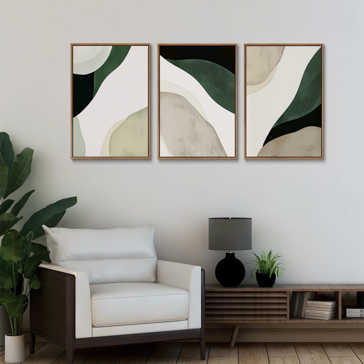 myusuar 3 Piece Large Modern Abstract Canvas Framed Wall Art For Living Room, Green Black White