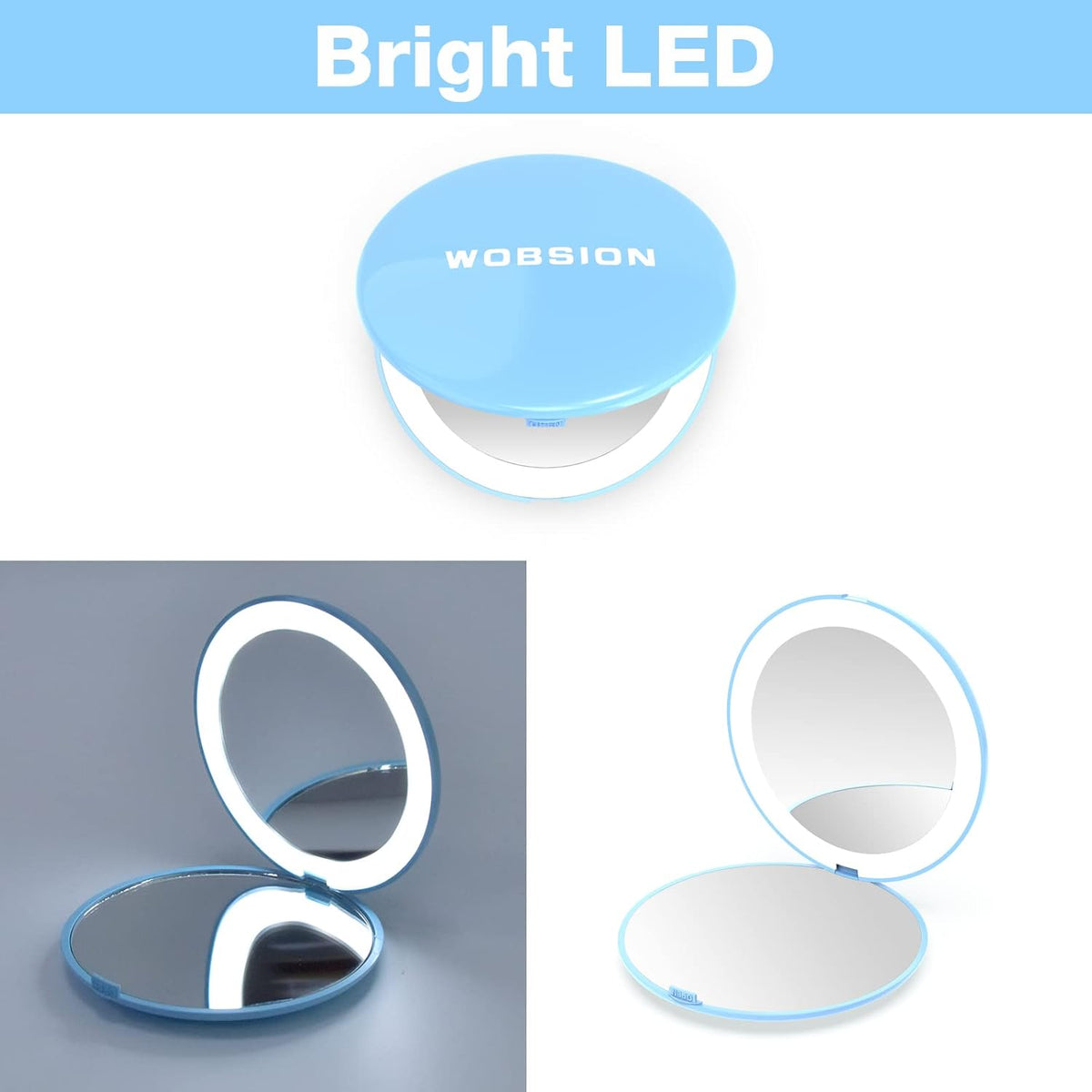 WOBSION Travel Compact Mirror,Portable 1x/10x LED Makeup Mirror with Magnification,Handheld 2-Sided