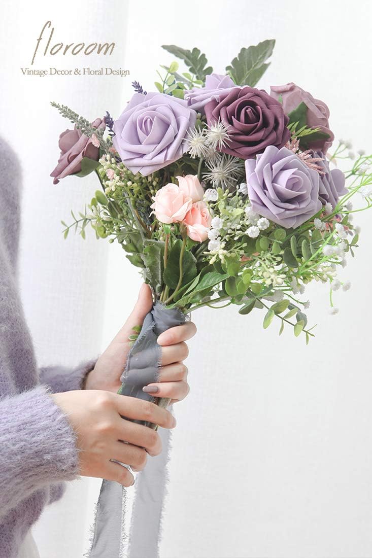 Floroom Artificial Flowers 50pcs Real Looking Lilac Foam Fake Roses with Stems for DIY Wedding