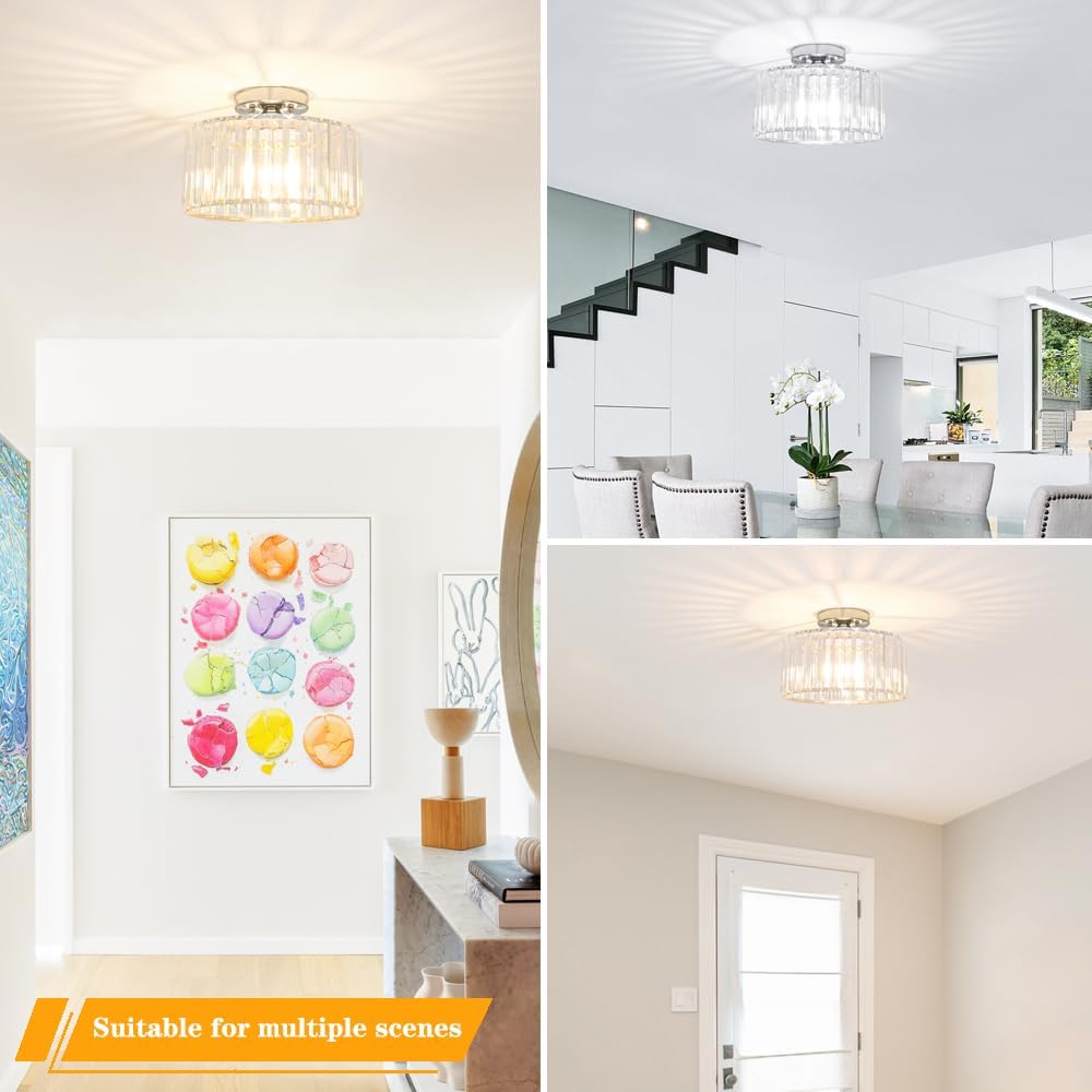 Crystal Ceiling Light Fixture, Chrome Close To Ceiling Light Fixtures, Modern Semi Flush Mount