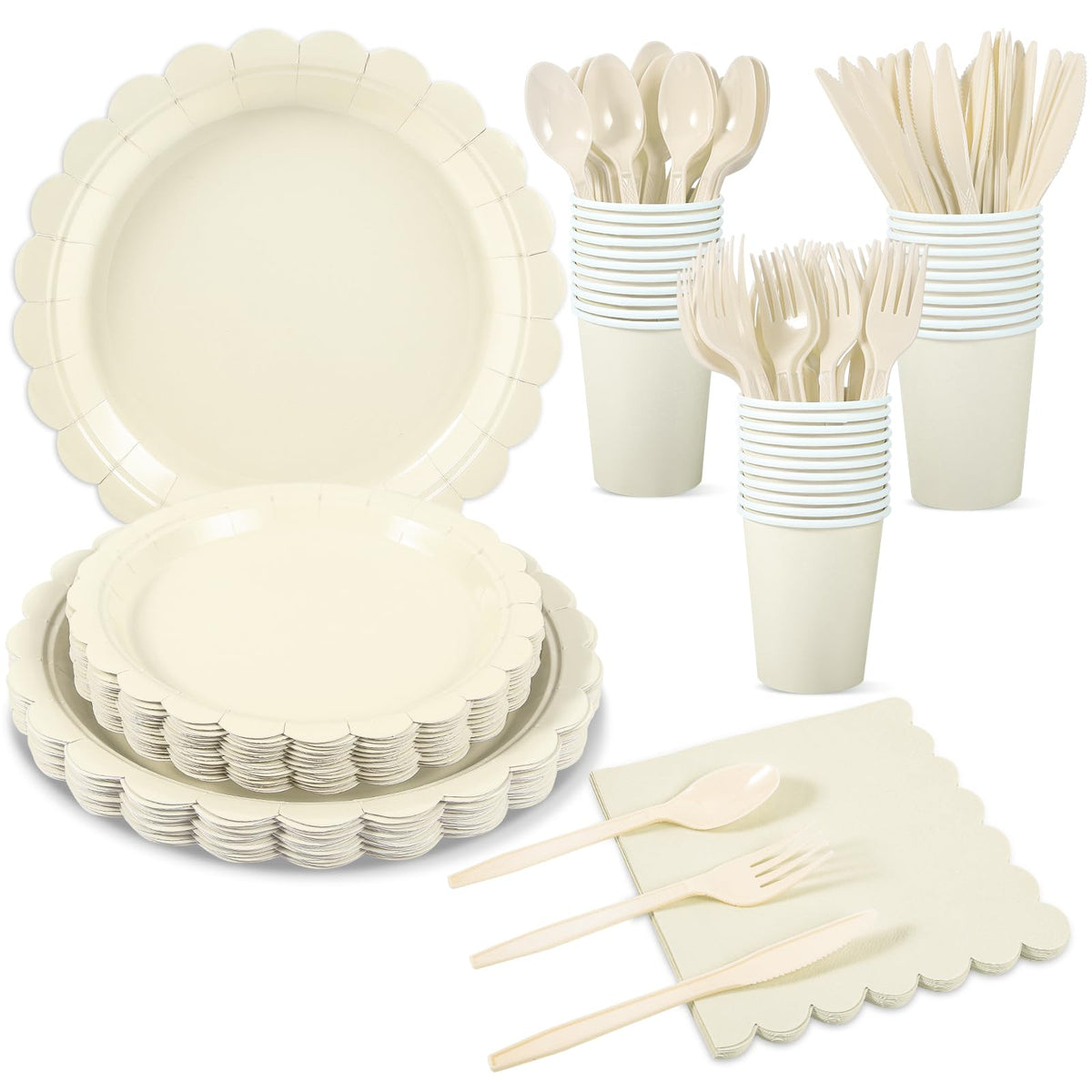 Xiangqu 25 Set Party Plates and Cups and Napkins Ivory Scalloped Dinnerware