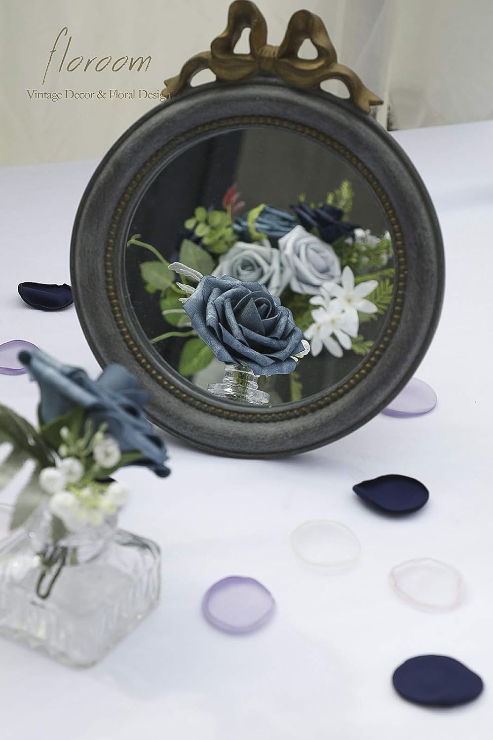 Floroom Artificial Flowers 25pcs Real Looking Blue Ombre Colors Foam Fake Roses with Stems for DIY
