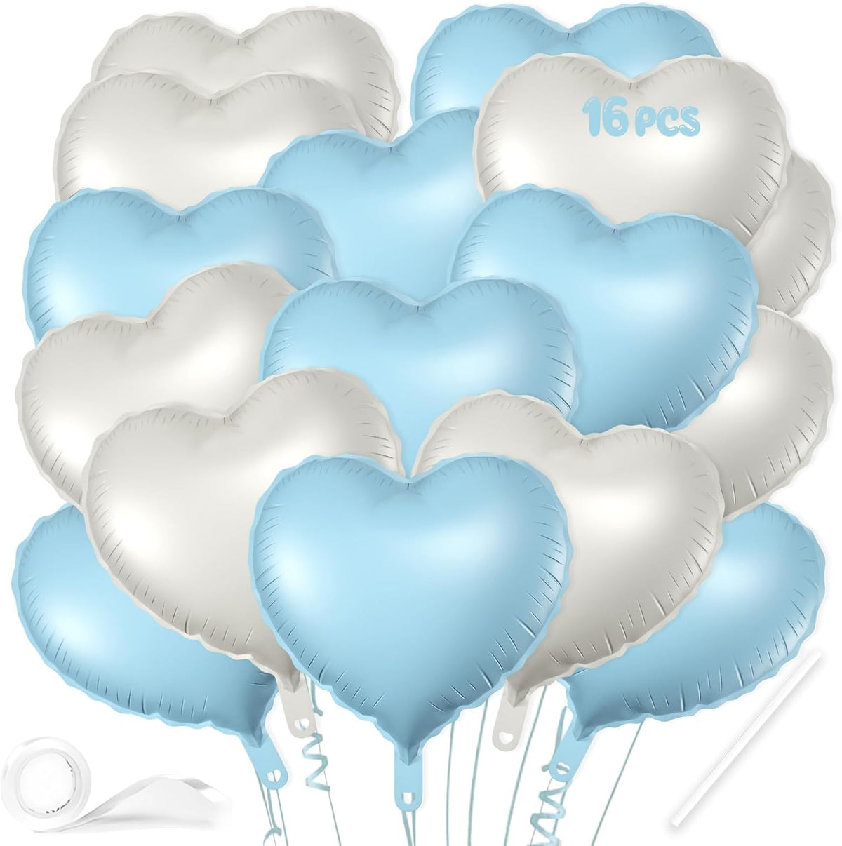 16 Pcs Heart Balloons, 18 Inch Blue White Sand Love Heart Shaped Foil Balloons for Wedding