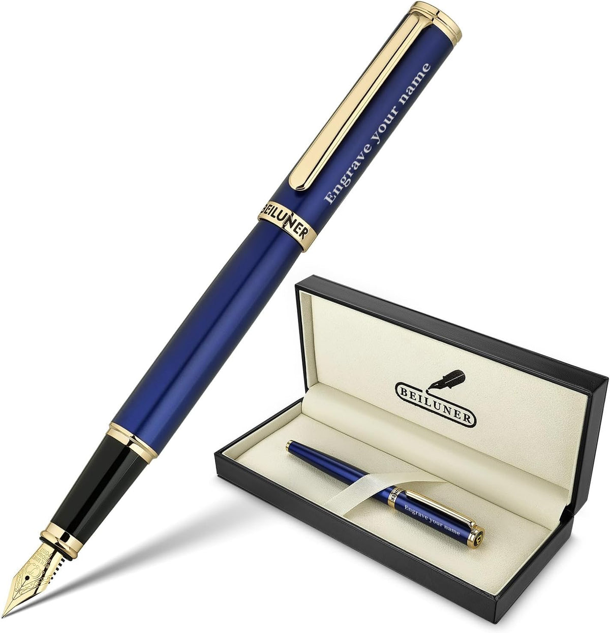 BEILUNER Blue Personalized Fountain Pen,Stunning Luxury Lacquer,24K Gilded Nib(Fine),Gorgeous 24K