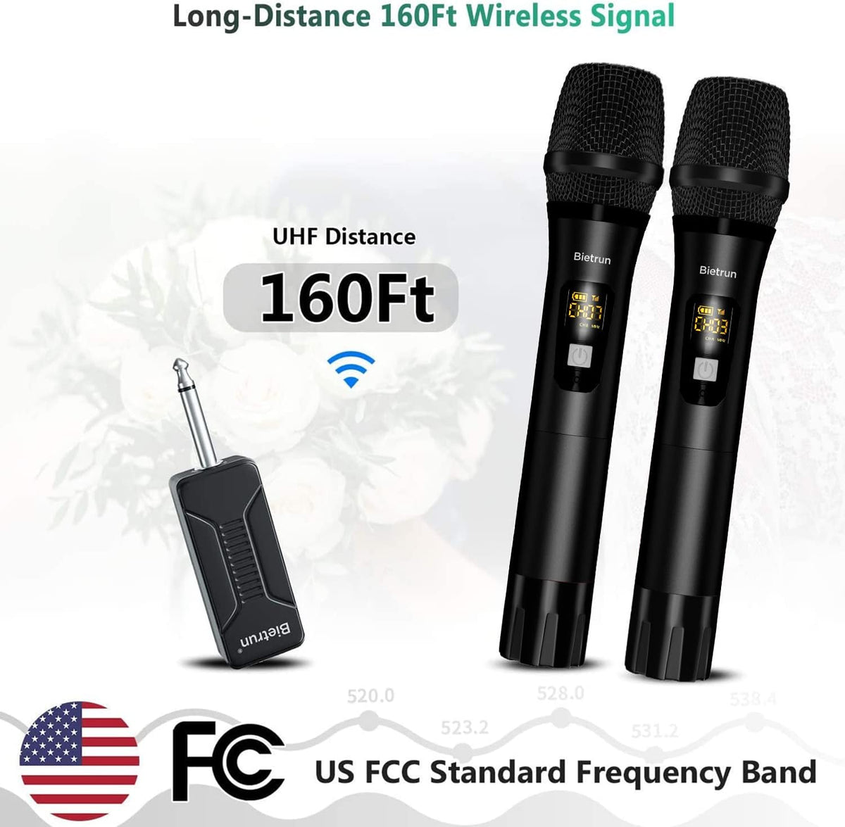 Wireless Microphone, Bietrun UHF Metal Dual Handheld Cordless Dynamic Mic System with Rechargeable