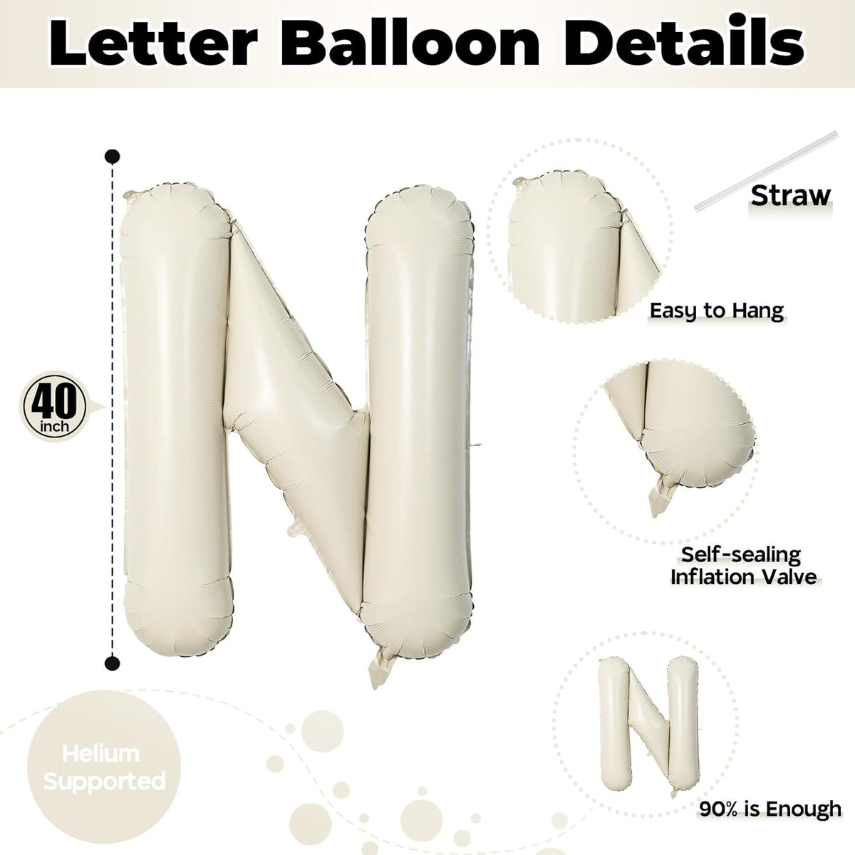 N Letter Balloons Cream, 40 Inch Alphabet Foil Word Balloon, Large Mylar Inflatable Beige Name
