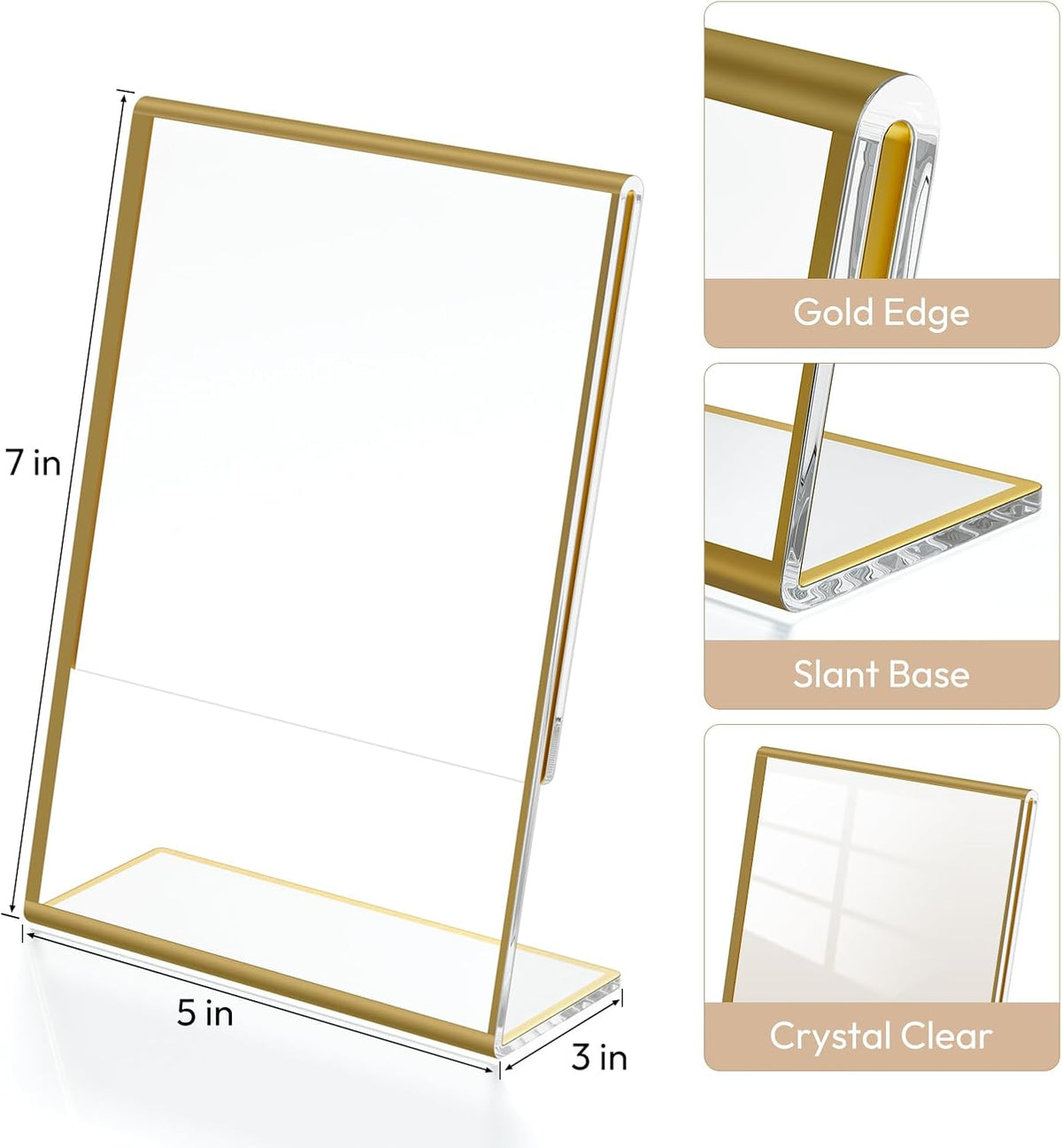 NIUBEE 6 Pack 5 x 7 Acrylic Gold Frame, Slanted Back Table Sign Holder for Wedding Table Numbers