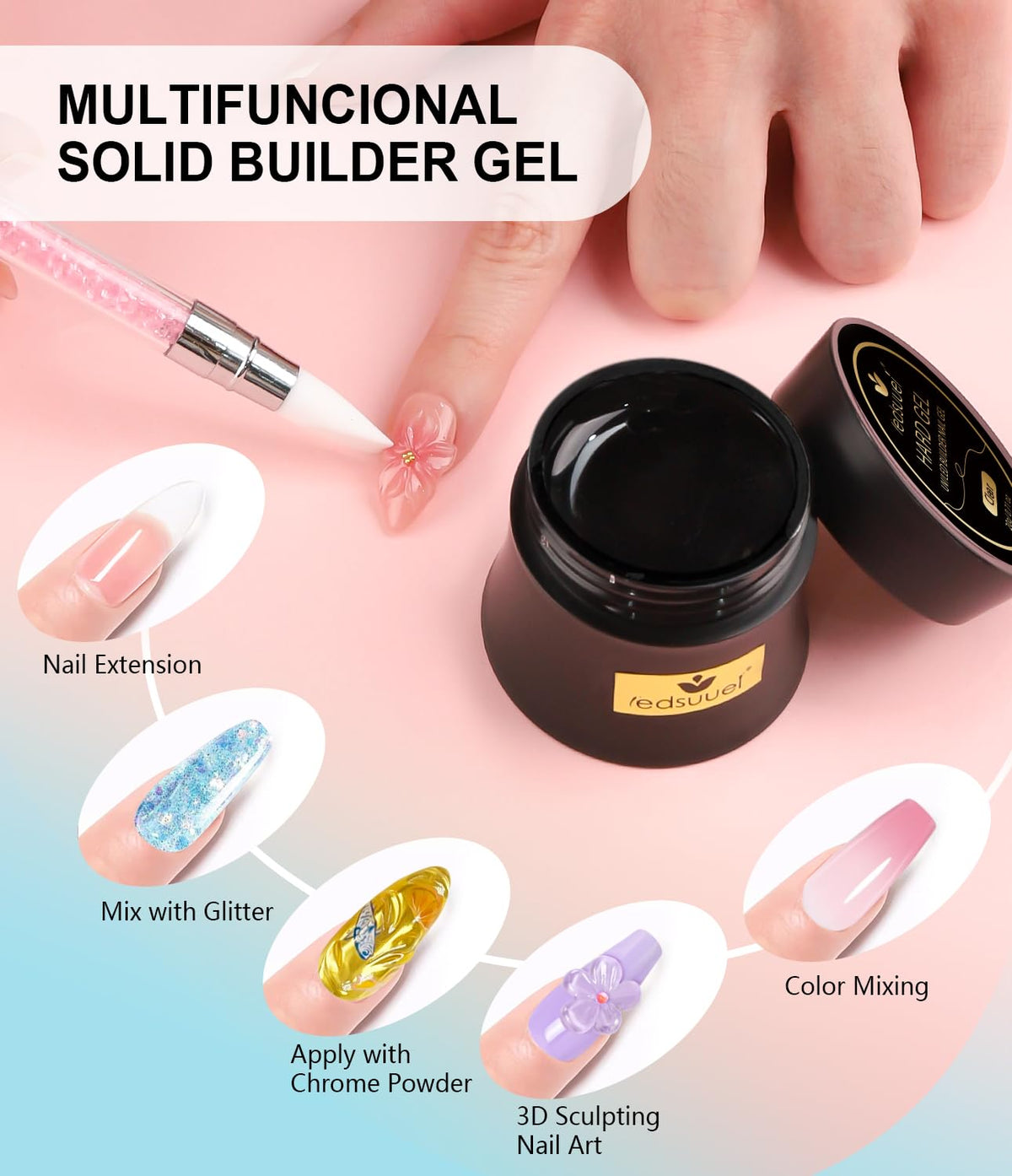 Solid Builder Gel for Nails LEDSUUEI - 2 Color Clear Pink 3D Nail Gel Sculpting Non-Sticky Hand