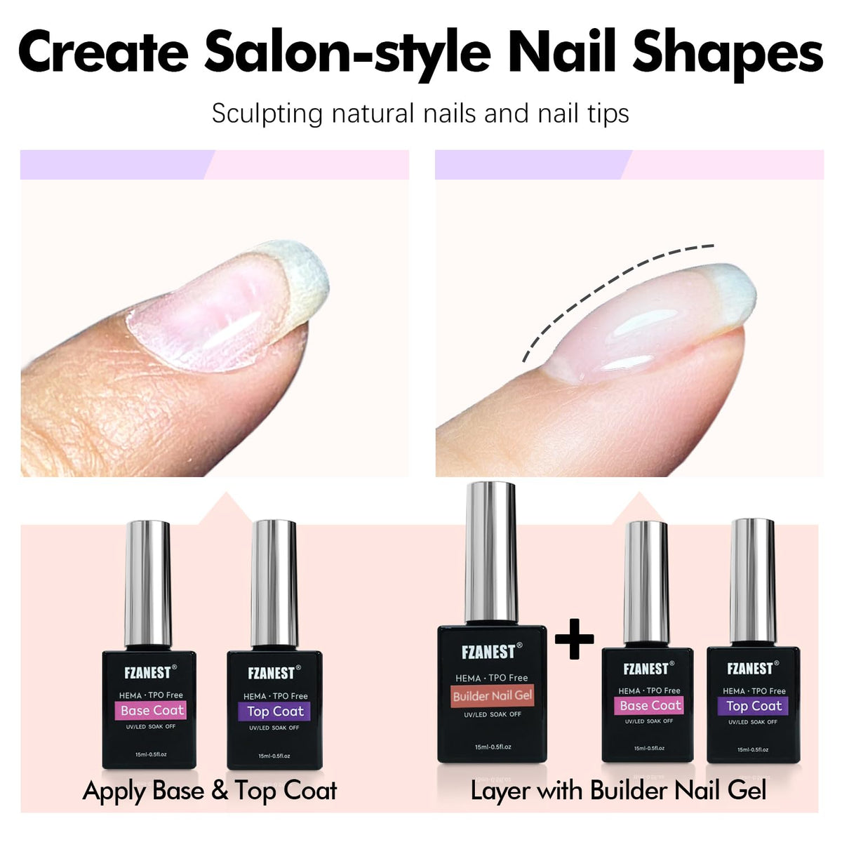 FZANEST Builder Gel With Top and Base Coat HEMA TPO-Free, 15ml * 3pcs Clear Gel Nail Polish Kit for